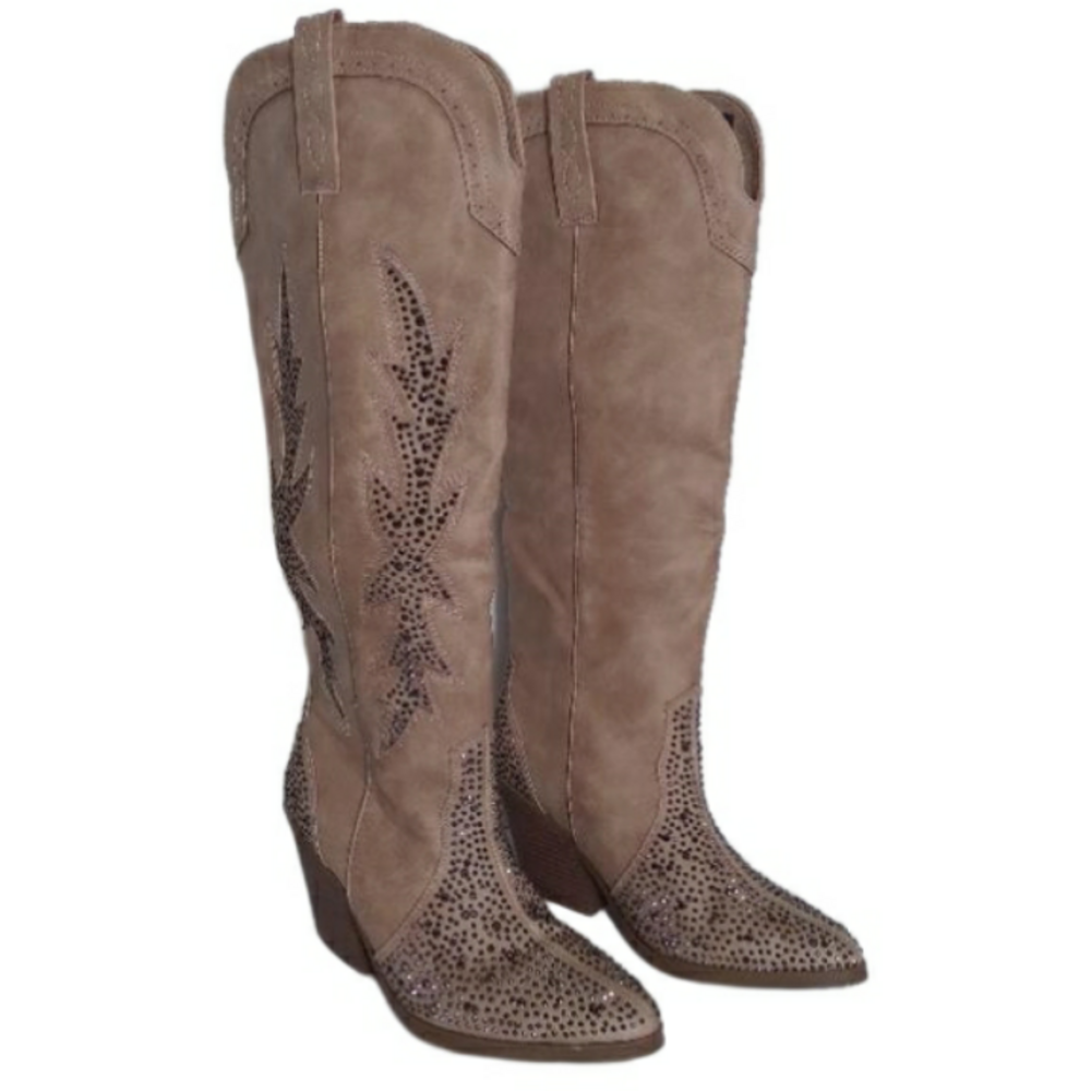 Bling Studded Knee High Tan Cowgirl Boots Women's Size- 8